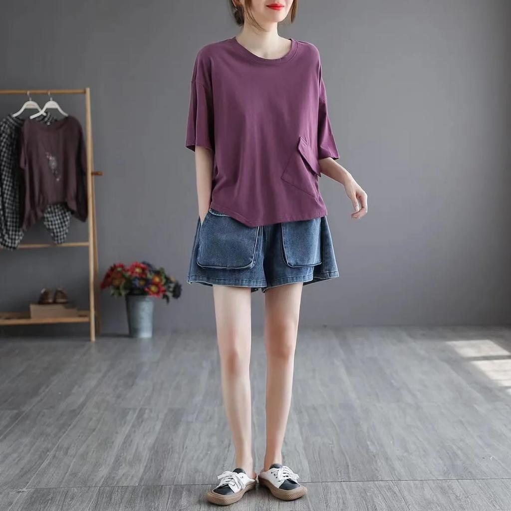 T-shirt da Donna Estiva Sottile Girocollo Manica Corta Larga Design Letterario Colore Unito Tasca Frontale Top