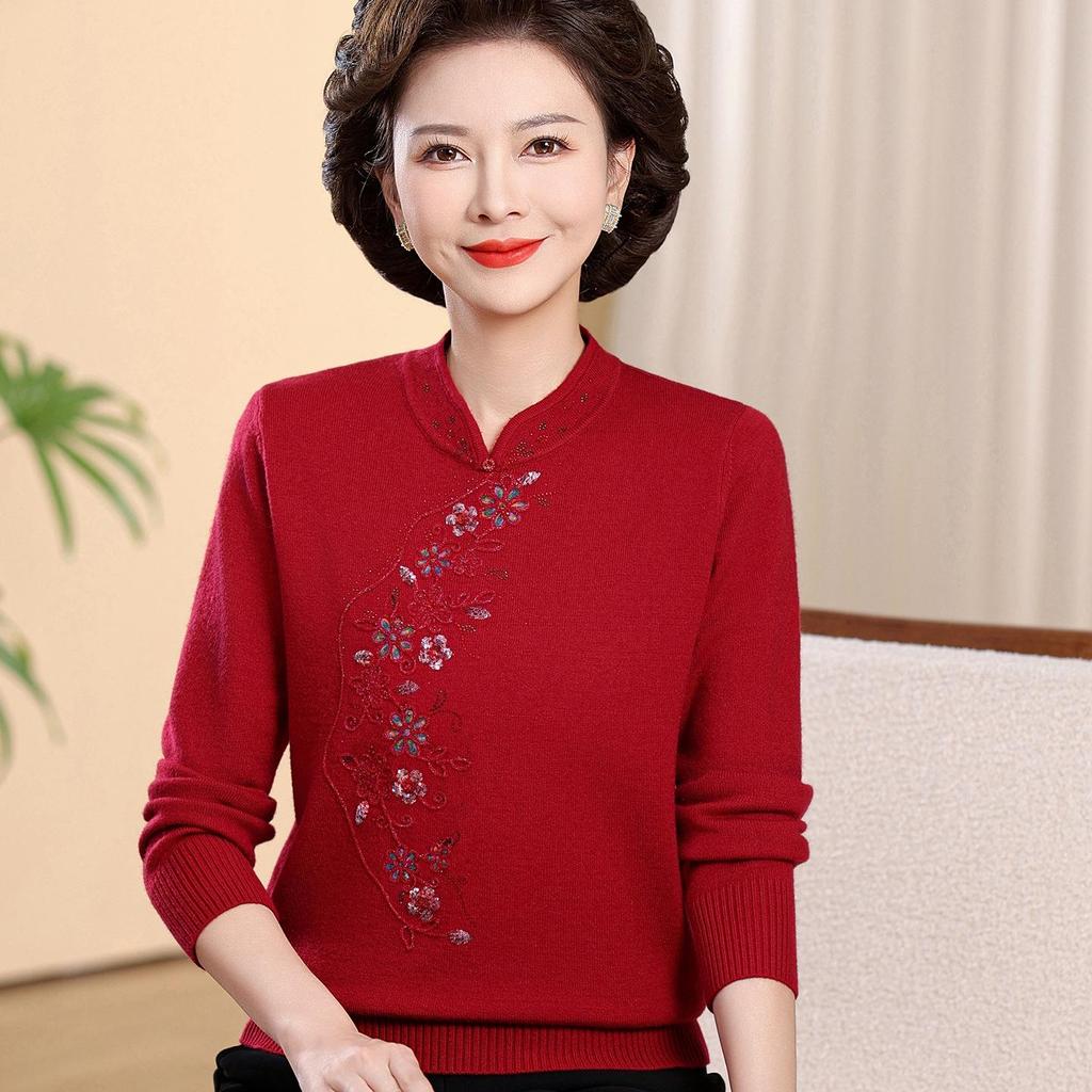 New Chinese Style Warm Fleece-Lined Qipao Collar Sweater for Middle-Aged & Elderly Women