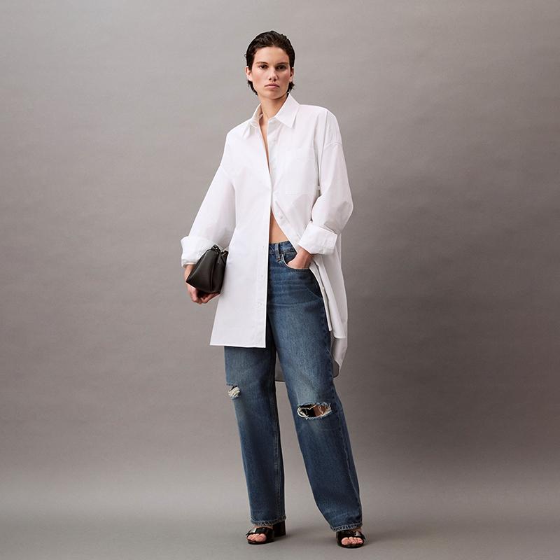 Calvin Klein Ss25 Cotton Loose Minimalist Long Sleeve Dress Women Dresses Moonlight-White 47AB001