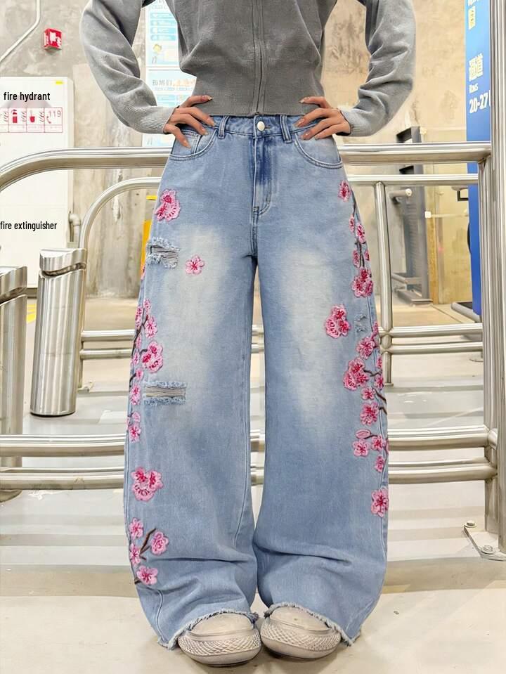 New Women's Straight Leg Embroidered Jeans - European & American Street Style, Non-Stretch, Hot Item