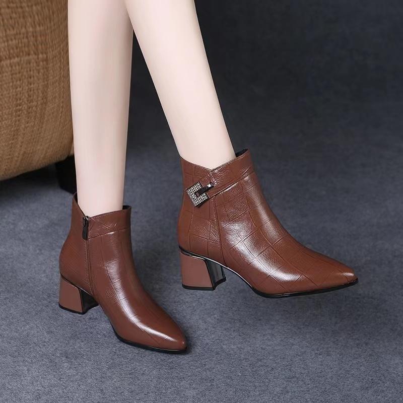 Soft leather thick heel high heel autumn and winter new short boots women's fashion versatile pointed non-slip side zipper Martin boots
