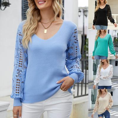 Women's Solid Color V-Neck Long Sleeve Lace Splicing Top Knit Sweater Pullover Sweater