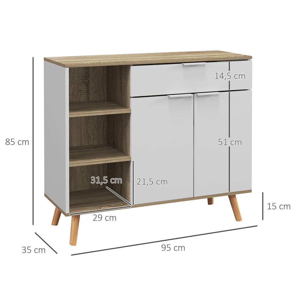 Kitchen Sideboard Storage Unit 1 Drawer 1 Double-Door Cupboard 3 Adjustable Shelves 95 x 35 x 85 cm White