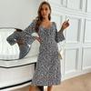 Early Autumn Middle East Print Flare Long Sleeve V-Neck Tie Midi Dress for Women
