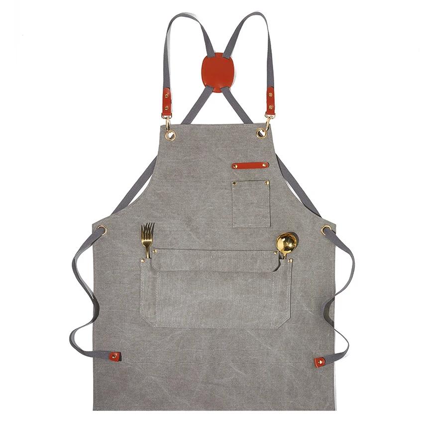 Kitchen Apron Heavy Duty Canvas Barber Work Aprons Unisex Cross Straps Adjustable Salon Hairdresser Bib PU Leather Apron for Men