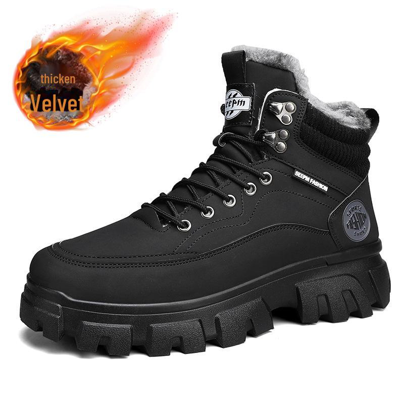 British Style Men's Winter High-Top Velvet Lace-Up Cotton Boots with Thick Soles