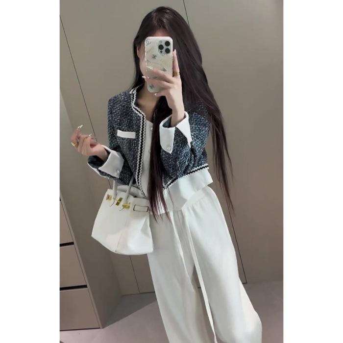 Women s French Chic Tweed Color Block Short Jacket - Spring 2026 High-End Loose Cardigan Extra Large синий