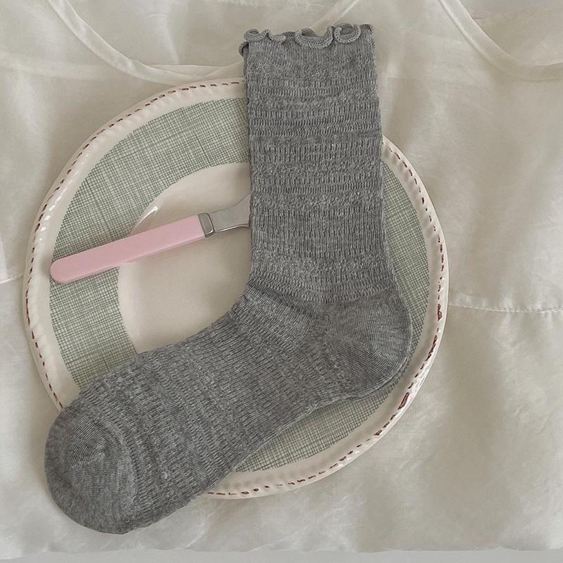 Women s Lace Mesh Mid-Calf Socks: Spring/Autumn, Cotton, Korean/Japanese Style, Ballet & Slouch Design. One Size темно-серого