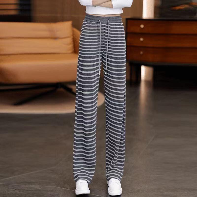 Women's Casual Striped Wide Leg Pants with Drawstring Elastic High Waist Loose Straight Leg Pants