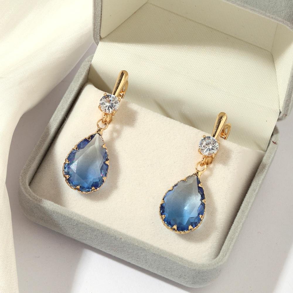 

1 пара красочных висячих сережек с имитацией кристаллов воды, золотого цвета для женщин, с кубическим цирконием, подарок для свадебной вечеринки, ювелирные изделия синий