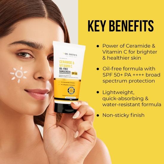 Dr. Sheth's Ceramide & Vitamin C Oil-Free Sunscreen SPF 50+ PA++++ | For Healthy & Bright Skin | For UVA/UVB| Unisex | 50g