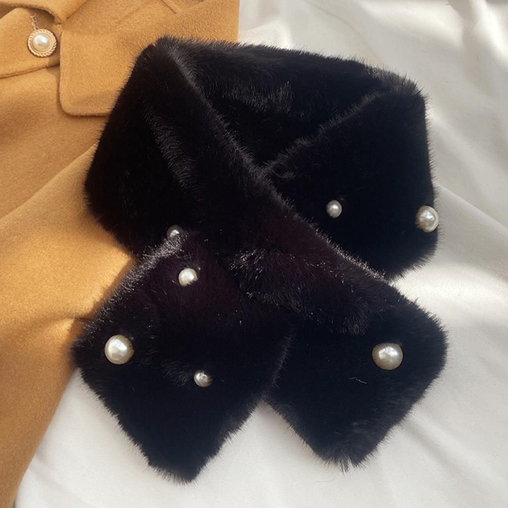 Pearl Faux Rabbit Fur Scarf Women Cute Neck Warmer Winter Warm Soft Furry Scarves Outdoor Windproof Cross Scarf Collar New