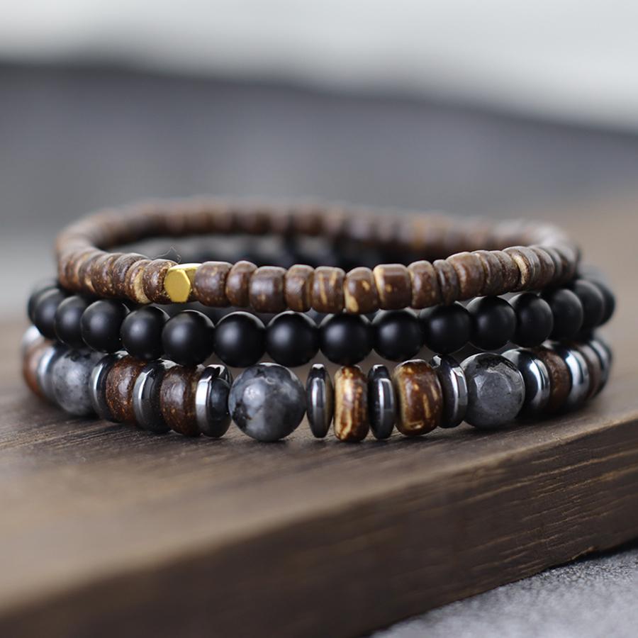 Handmade 3Pcs Men Bracelet Set Natural Coconut Husk Beads Braslet Lava Tiger Eyes Hematite Stone Wrap Braclet Meditation Pulsera