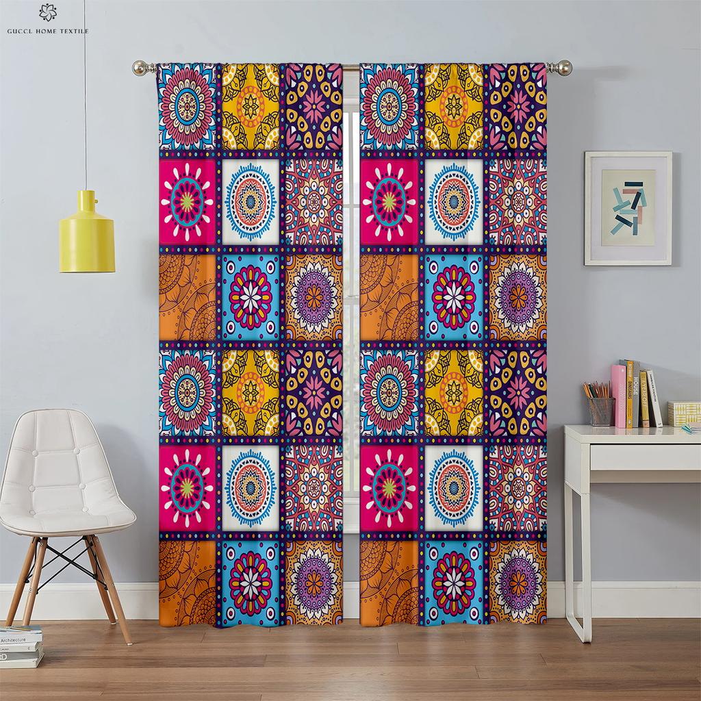 Bohemian Retro Printed Curtains, Blackout, Heat Insulation, Bedroom, Living Room, Kitchen, Decorative, 2 Pieces