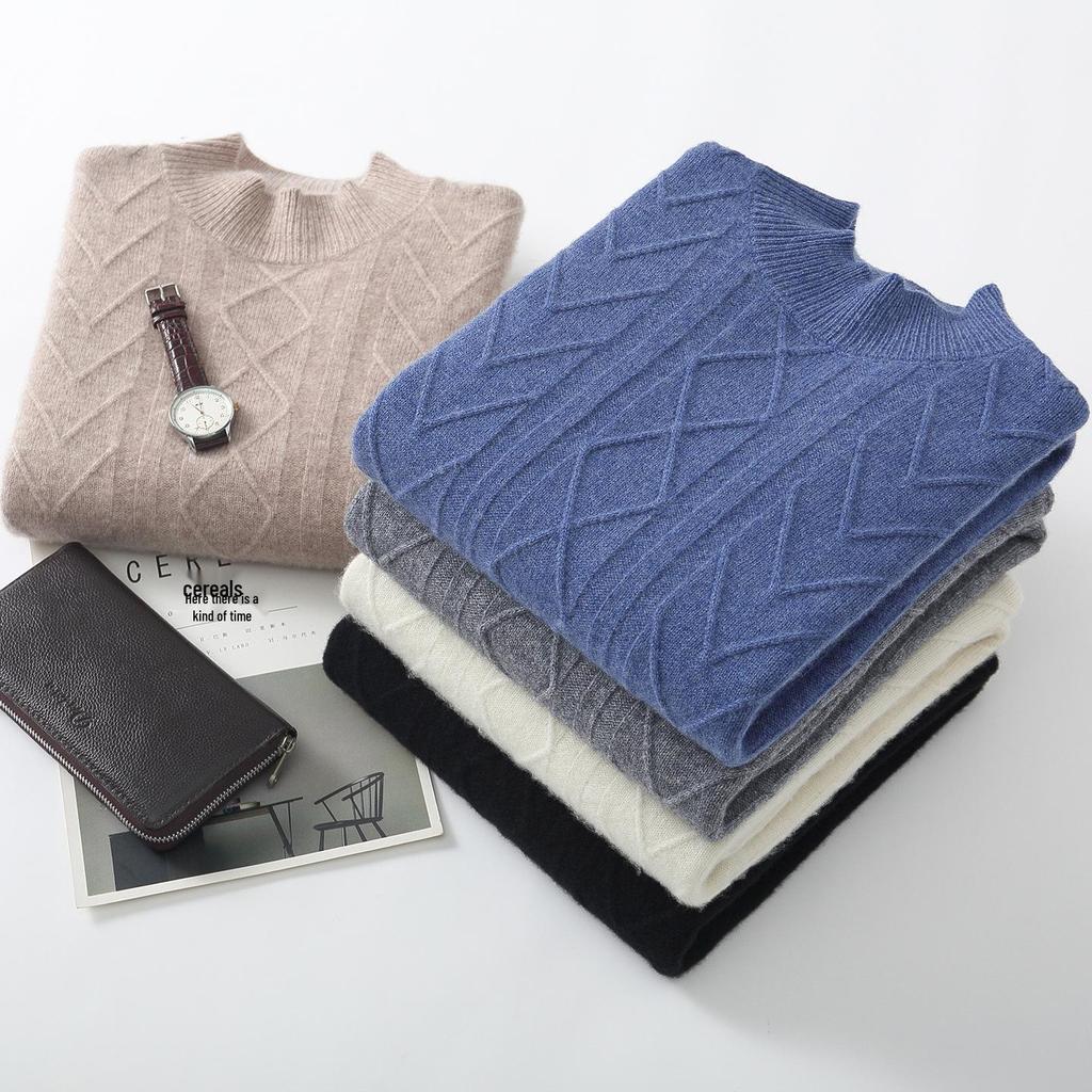 Men's Autumn/Winter Thick Jacquard Wool Sweater - Business Casual Half-High Collar Knitwear