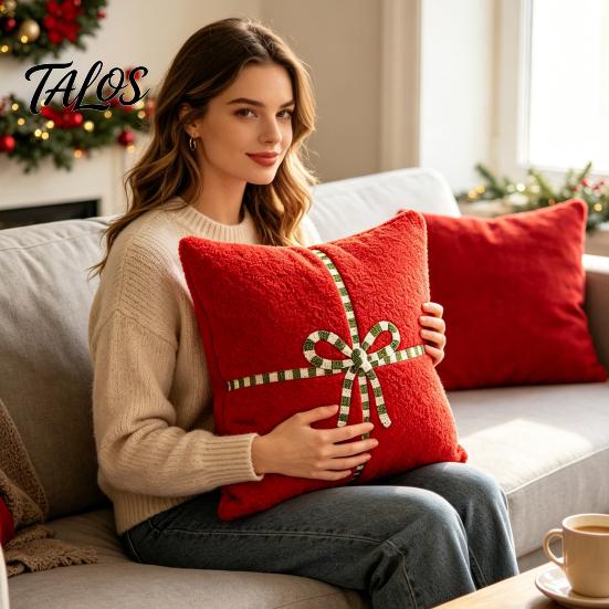 Christmas Throw Pillow Covers Cover, Bow Knot Pattern Cushion 18x18 Inch Theme Soft Plush Case for Sofa Couch Holiday Home Decor Luxury Shells