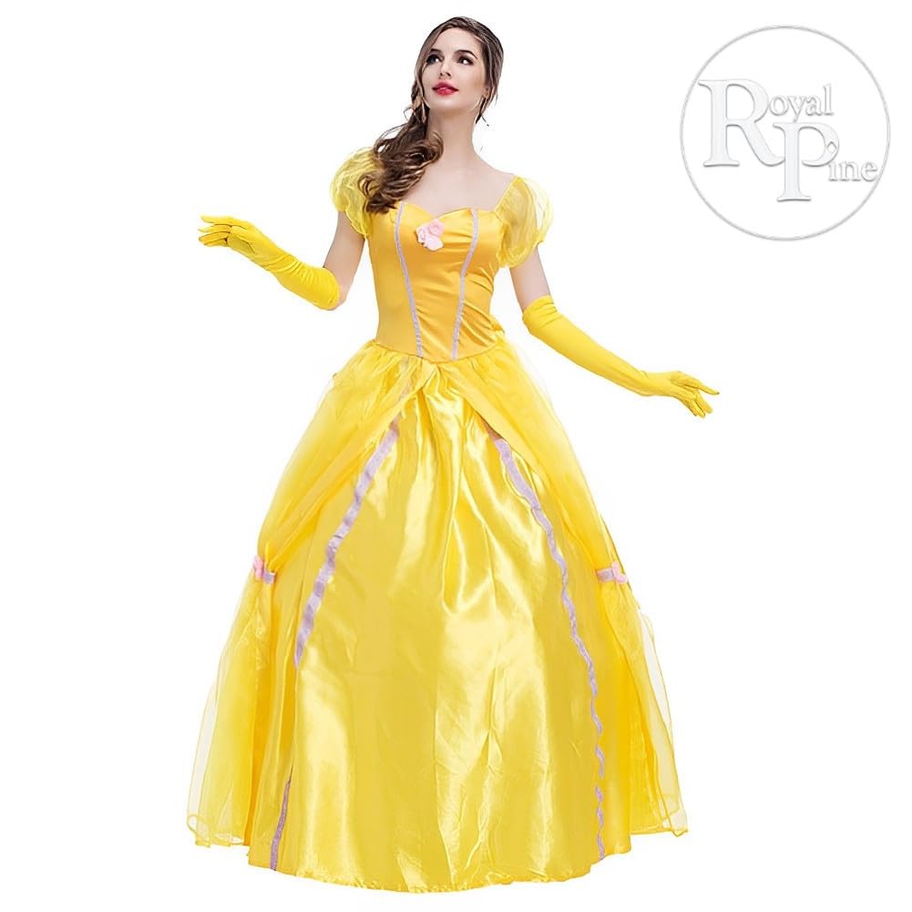 Royal Pine Women's Beauty and the Beast Belle-Style Gold Princess Dress with Petticoat, Luxurious 4-Piece Costume Set (Size L)