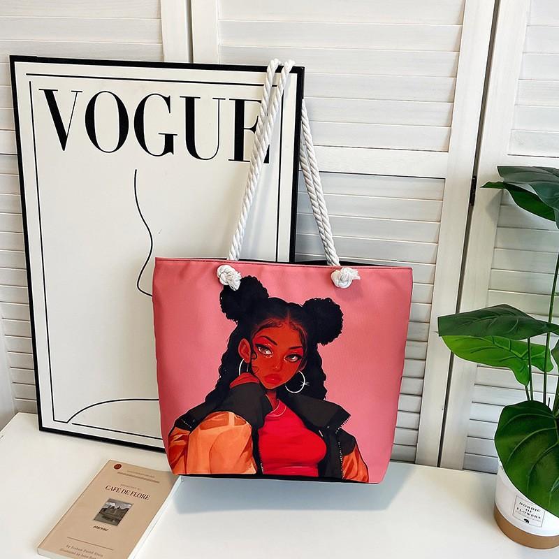 Classic Outdoor Practical Retro Canvas Tote Bag Cartoon Print Handheld Beach Bag Large Capacity CLE