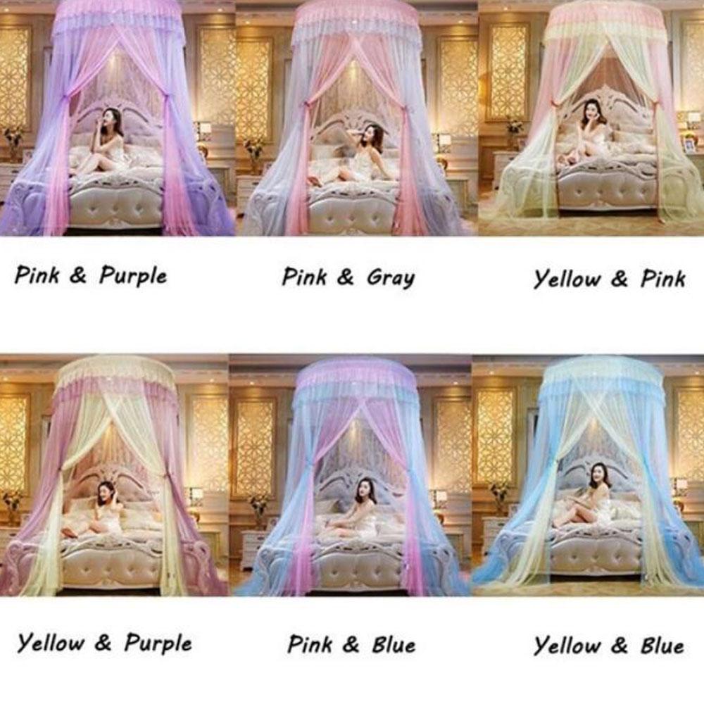 Elegant Blonder Seng Baldakin Myggnett Dome Hengende Blonder Insektsnett Kryptering Heving Tak Princess Dome Court