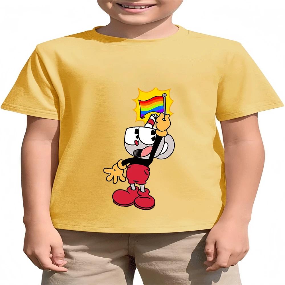 2026 Hot Sale Boys Girls Kids Cuphead Cotton T-Shirt Summer Fashion Cartoon Print 2-14Y