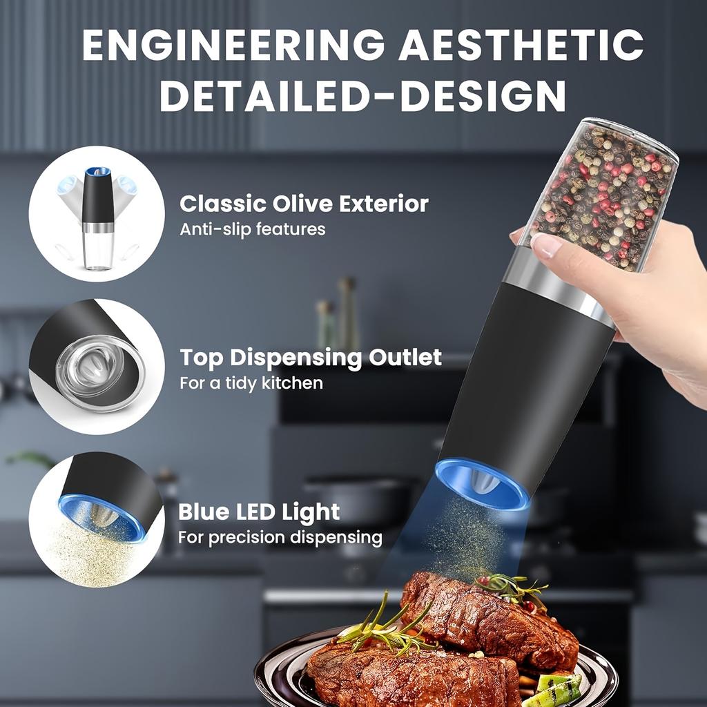 Set Râșnițe Electrice cu Gravitație pentru Sare și Piper, Alimentate cu Baterii, Lumină LED, Operare Automată cu o Singură Mână