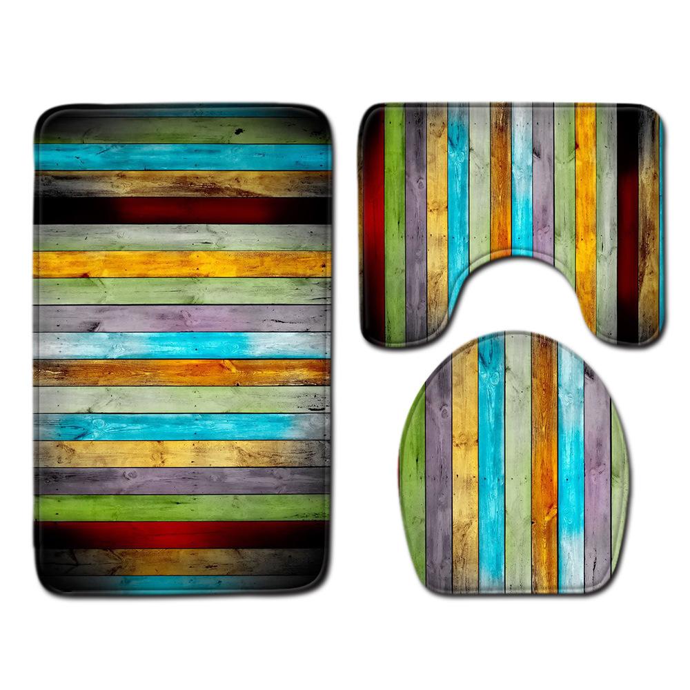 Wood Grain Board Texture Toilet Carpet Set Bathroom Non-Slip Floor Mat Doormat