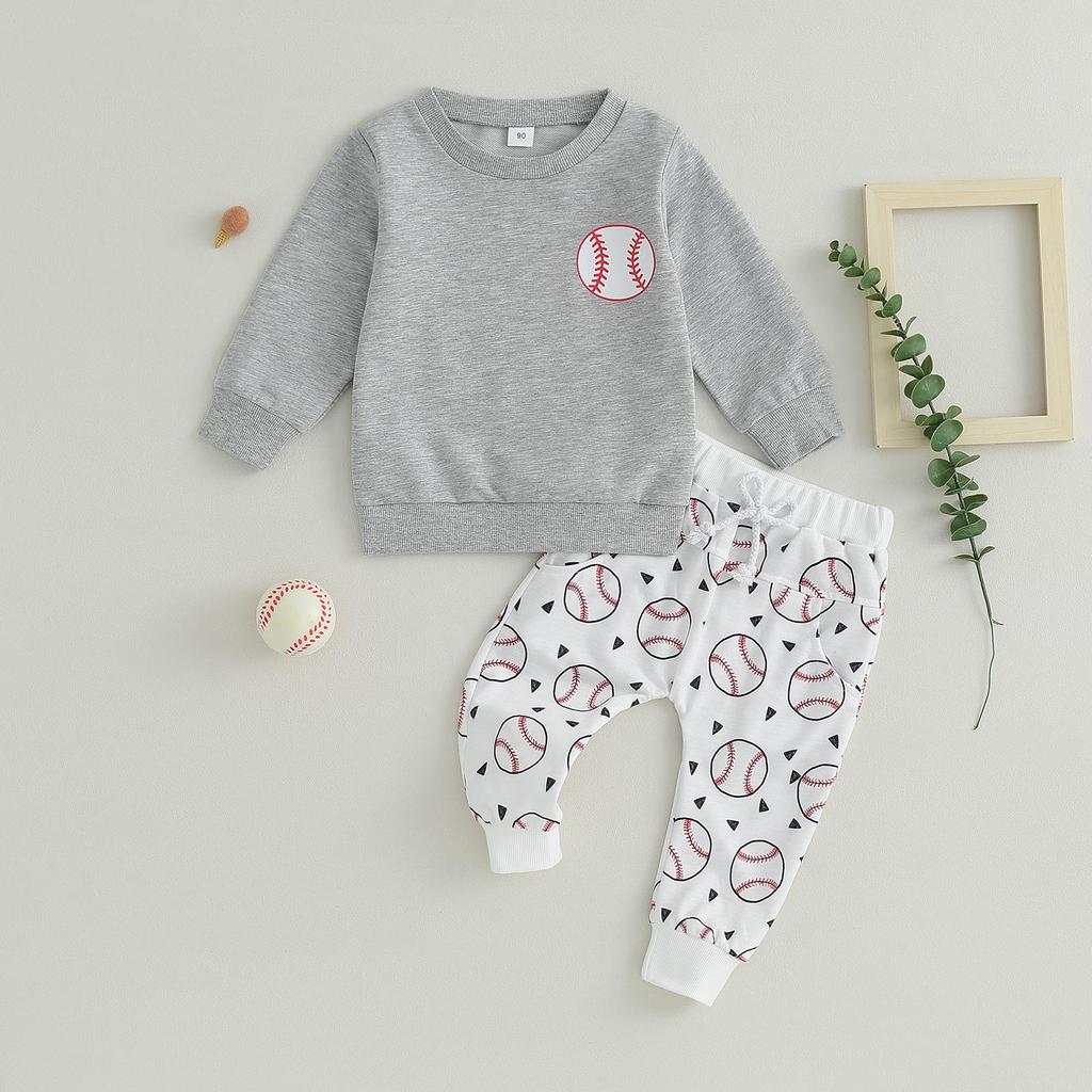 Kids Boys Fall Outfits 12M 18M 24M 3Y 4Y 5Y Baseball Print Crew Neck Long Sleeve Sweatshirts and Elastic Waist Long Pants 2Pcs Clothes Set
