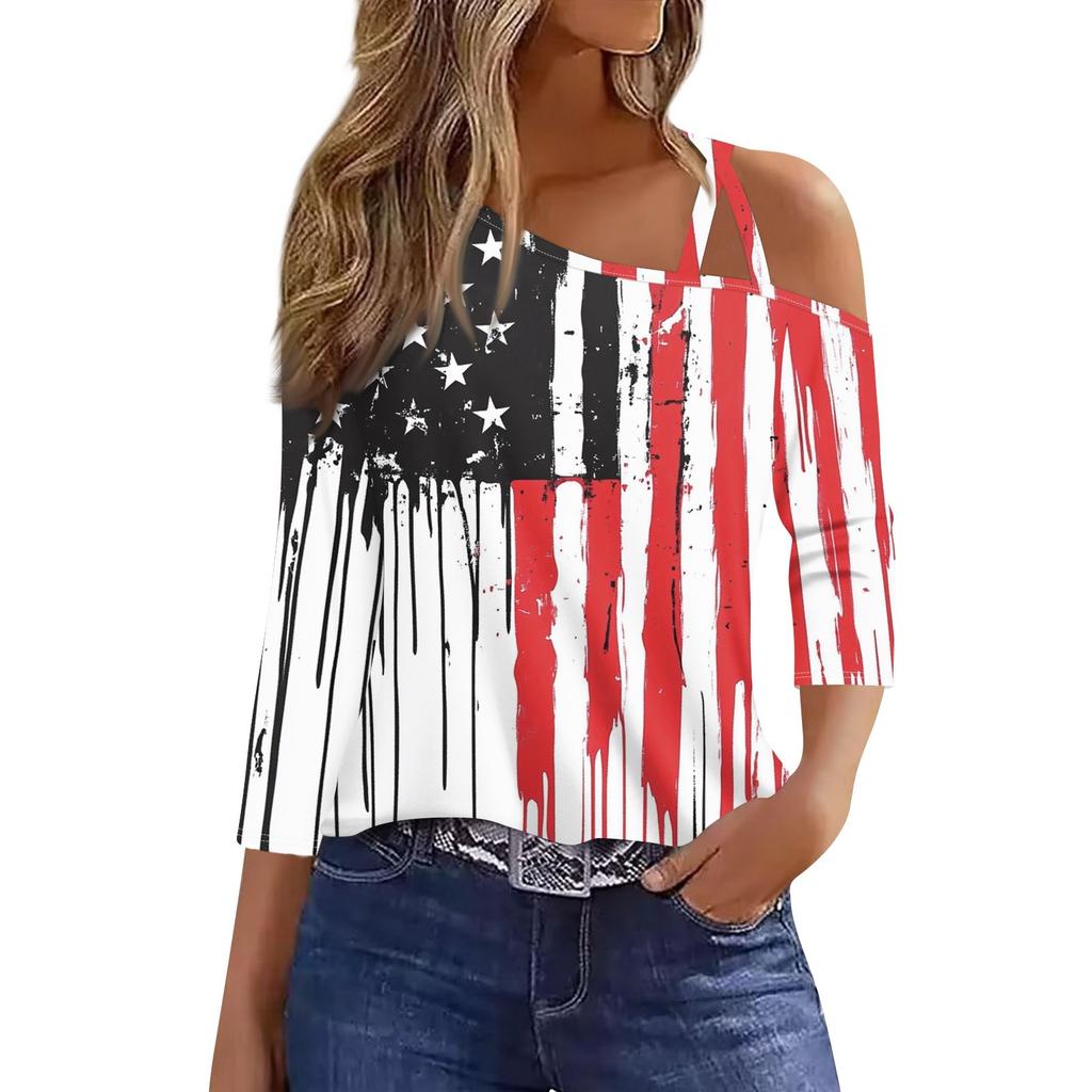 Women's Fashion Casual Independence Day Print Sexy Cold Shoulder 3/4 Sleeve T-shirt Top