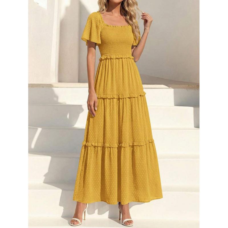 Europe, America 2026 summer new bohemian design square collar holiday short-sleeved dress S жёлтый