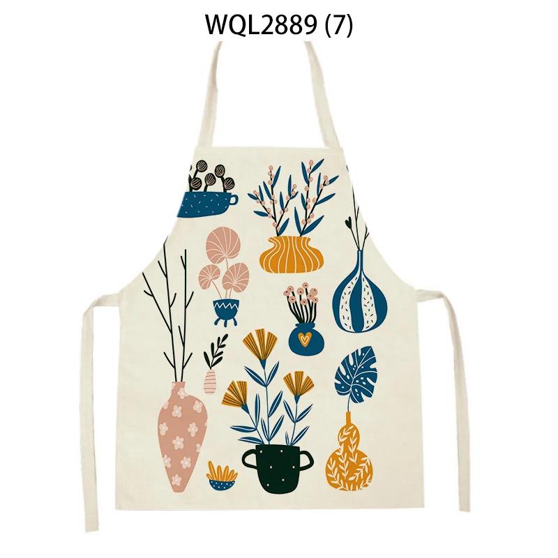 Adult Kids Flower Pattern Cleaning Kitchen Aprons Home Cooking Baking Linen Waist Bibs Vase Flower Art Antifouling Pinafore