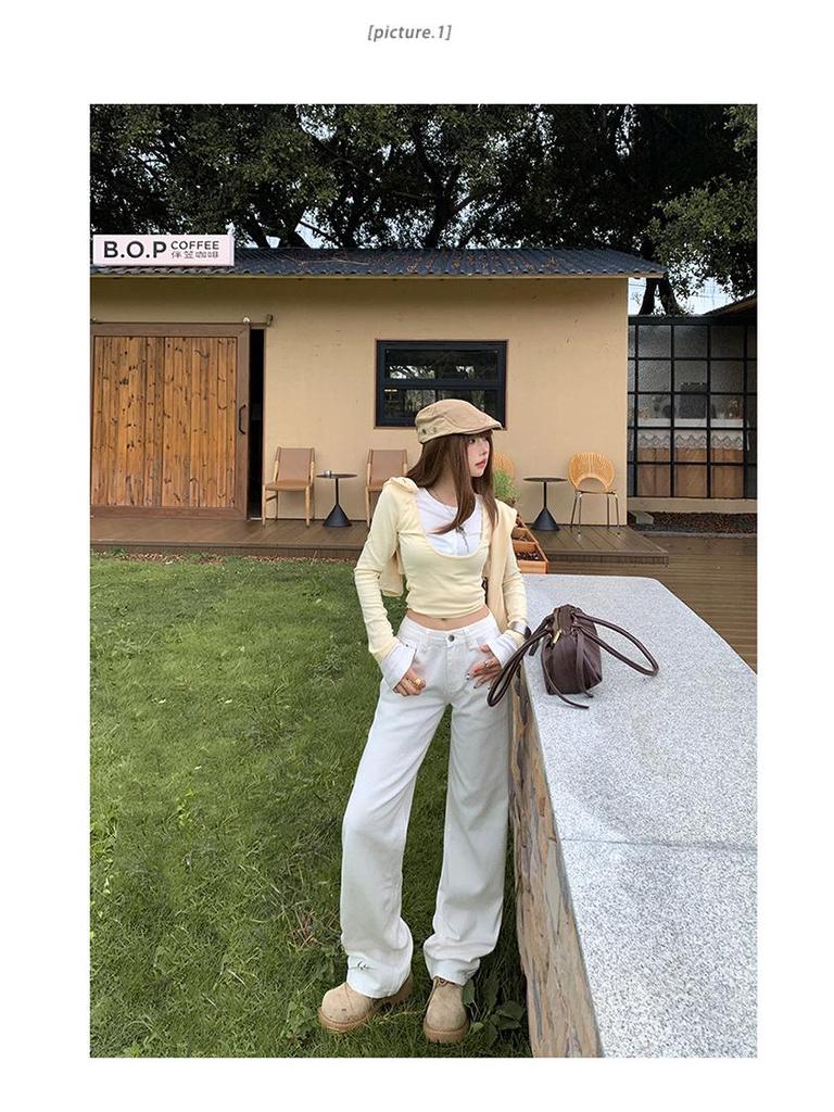 Women's Autumn 2025 White Retro Low-Waist Loose Straight-Leg Floor-Length Jeans