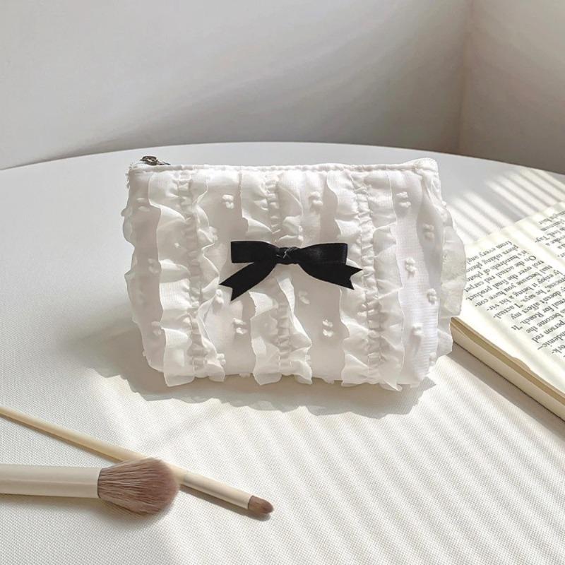 Cute Women Makeup Mini Bag Korean Lace Bow Portable Coin Purse Small Pouch Handbag Kawaii Female Cosmetic Storage Zipper Bag