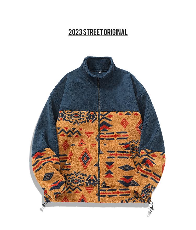 Men's Retro Ethnic Style Patchwork Fleece Hoodie - Warm Winter Cardigan Jacket