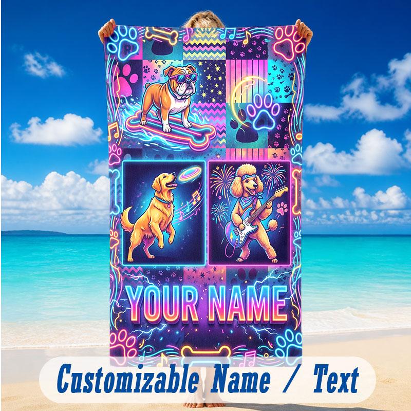 Dog Theme Beach Towel Personalized Custom Name & Text Soft Quick Dry Beach Towel for Swimming Travel