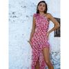 Elegant Vacation Style Floral One-Shoulder Tied Dress Side Slit Asymmetrical Wooden Ear High Waist Suspender Dress for Women