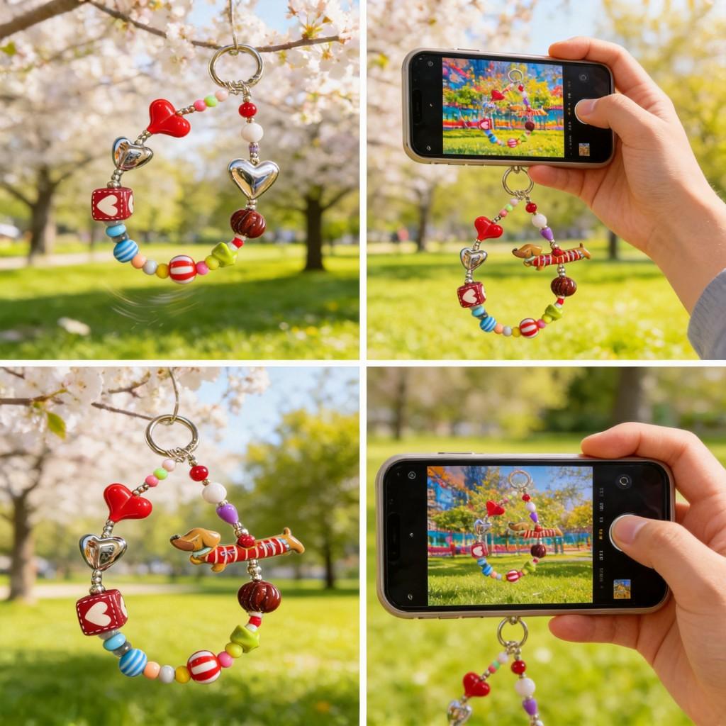 Small Novelty Red Striped Dog Phone Lanyard With Colorful Beads And Flower Design For Kids And Adults