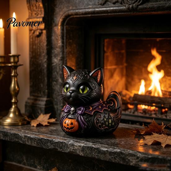 Spooky Home Accents Midnight Witches Cat Duck Figurine, Black Statue Resin Animal Ornament with Pumpkin Lantern, Halloween Decoration for Tabletop