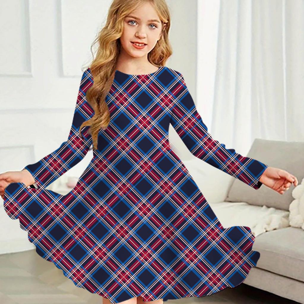 Girl Casual Black and White Squares Print Round Neck Long Sleeve Dress Kid Princess Dress