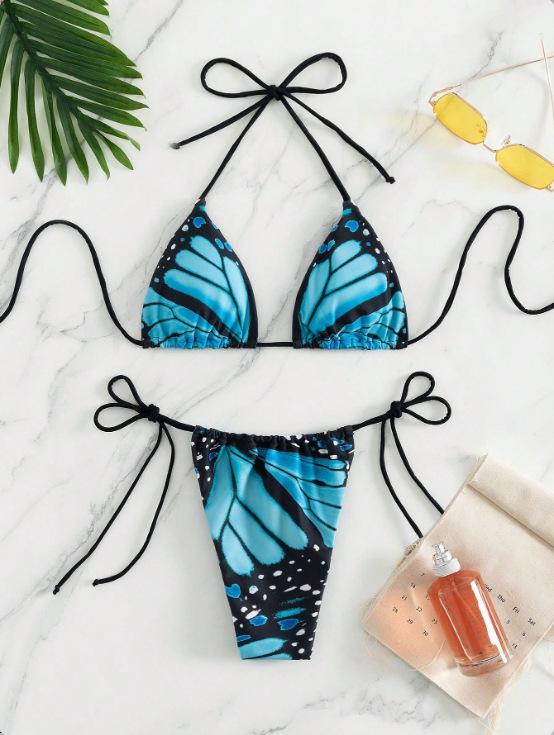 Women's Butterfly Print Halter Two-Piece Swimsuit - European and American Fashion, Hot Selling