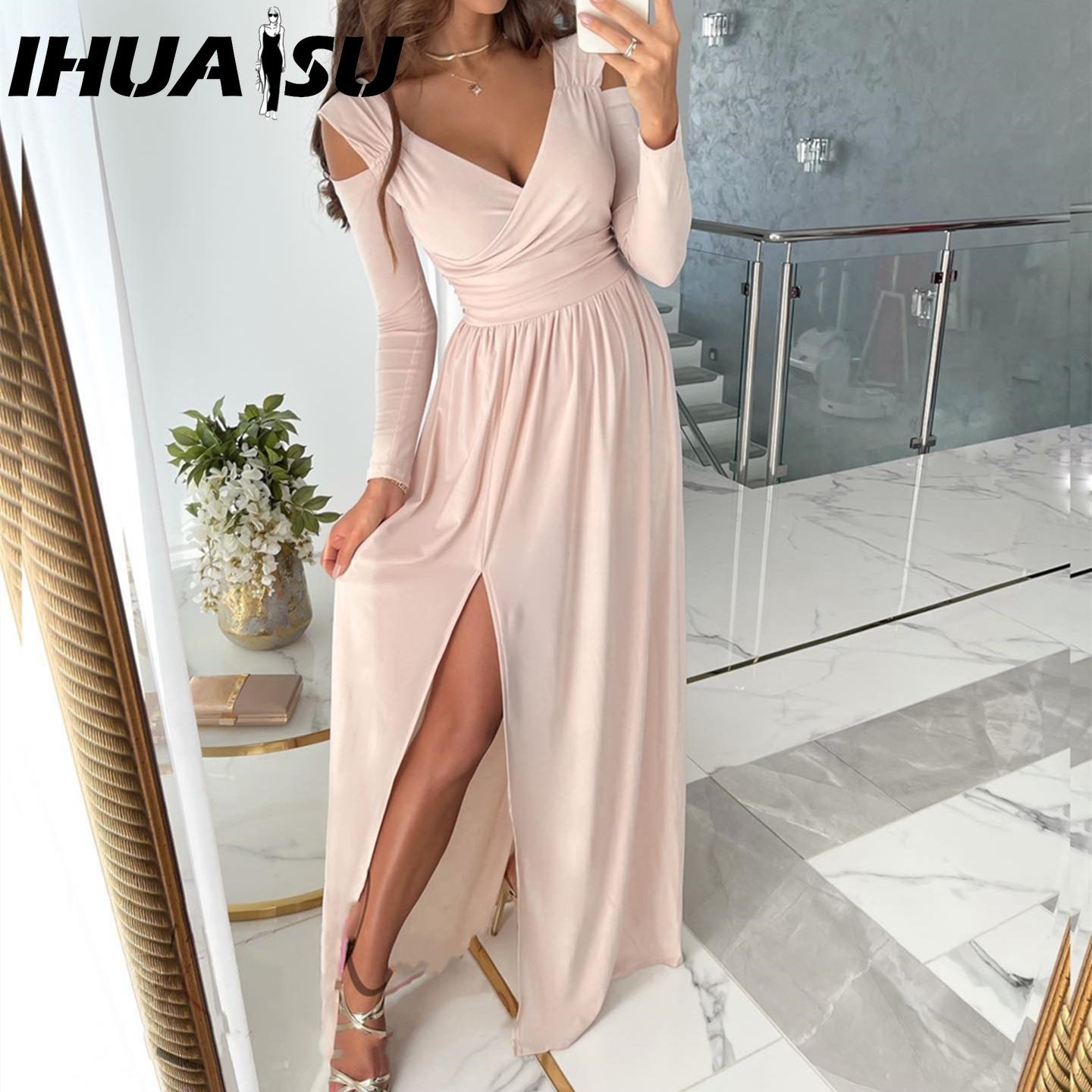 

IHUASU Осень и Зима Длинный Рукав V-образный Вырез Однотонное Платье Женское S красный