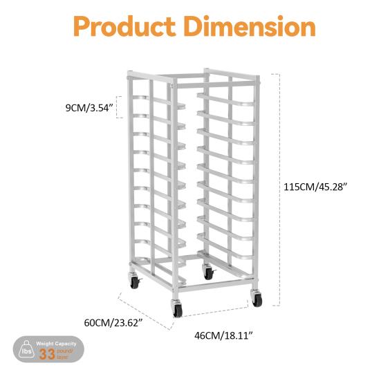 Estante de Acero Inoxidable para Hornear de 10 Niveles con Ruedas, Carrito para Bandejas Comercial, Soporte Móvil y Desmontable para Panadería para Horno Panadería Pastelería, 33 libras por Estante,