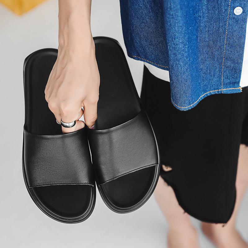 Cowhide Slippers Men's Summer Wear Genuine Leather One-word Drag High-end Trendy Men's Casual Non-slip Slippers 1400-F