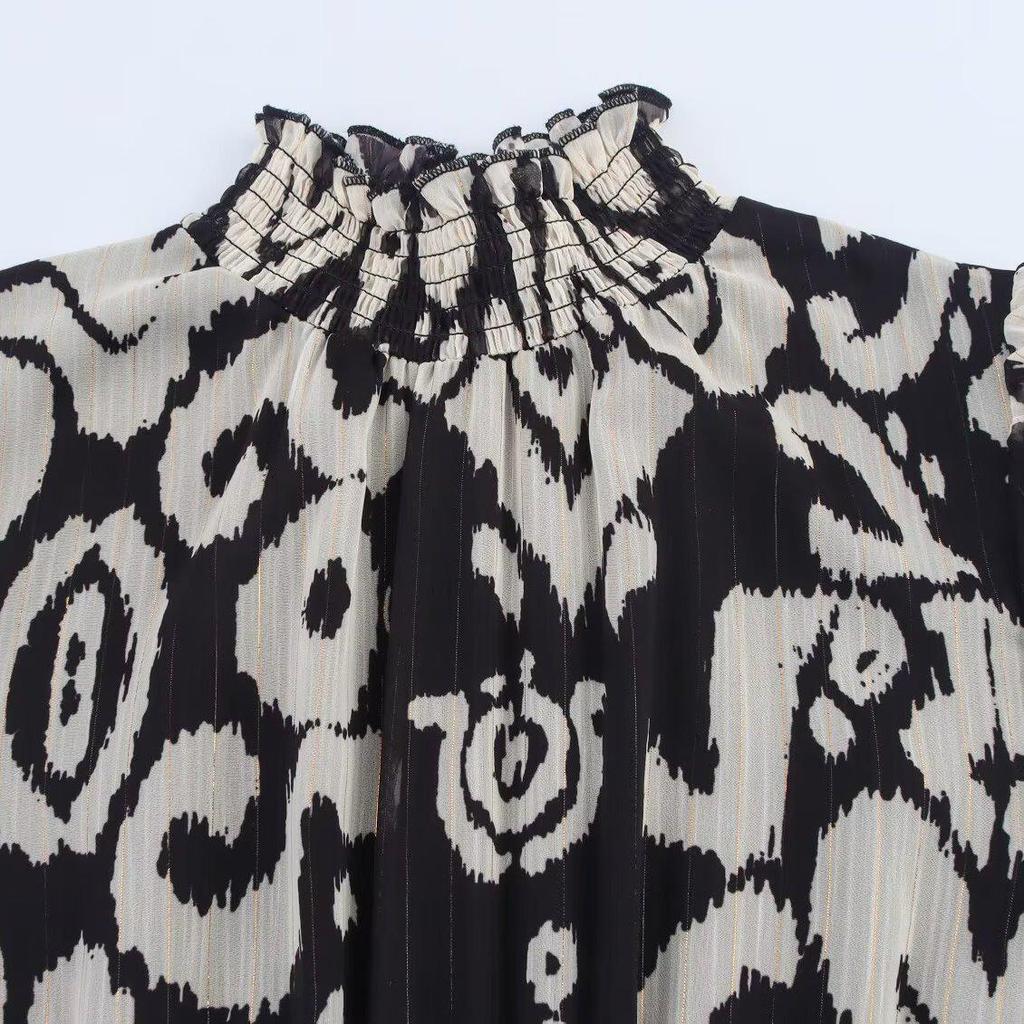European & American Style French Women's Printed Chiffon Waist-Cinching Long Dress