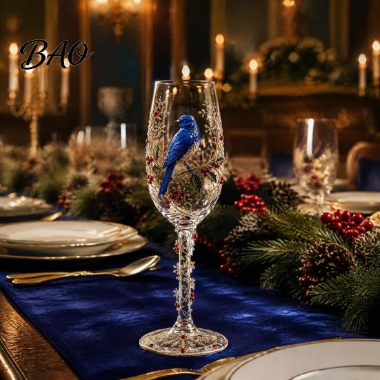 Bird Pattern Juice Glass Hand-painted Wine Glass, And Floral Design Stem Goblet, Artistic Water Goblets Crystal Borosilicate Goblet for Red