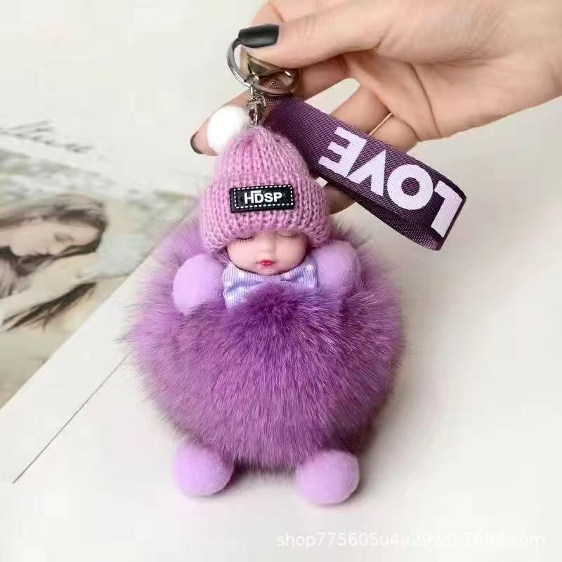 Genuine Fox Fur Sleep Doll Keychain Plush Pom-Pom Accessory
