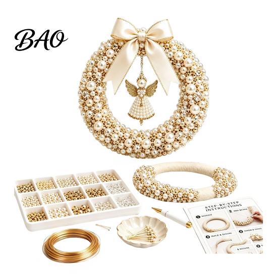 Stress Free DIY Crafting Kit Christmas Pearl Wreath Kit, Handmade Beaded Holiday Door Decor, Decoration Wall Hanging Elegant Craft Project for