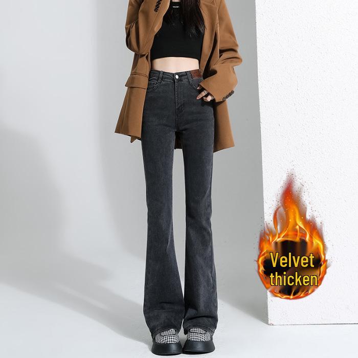 Women's High-Waisted Slim-Fit Fleece-Lined Micro-Flare Jeans for Autumn and Winter