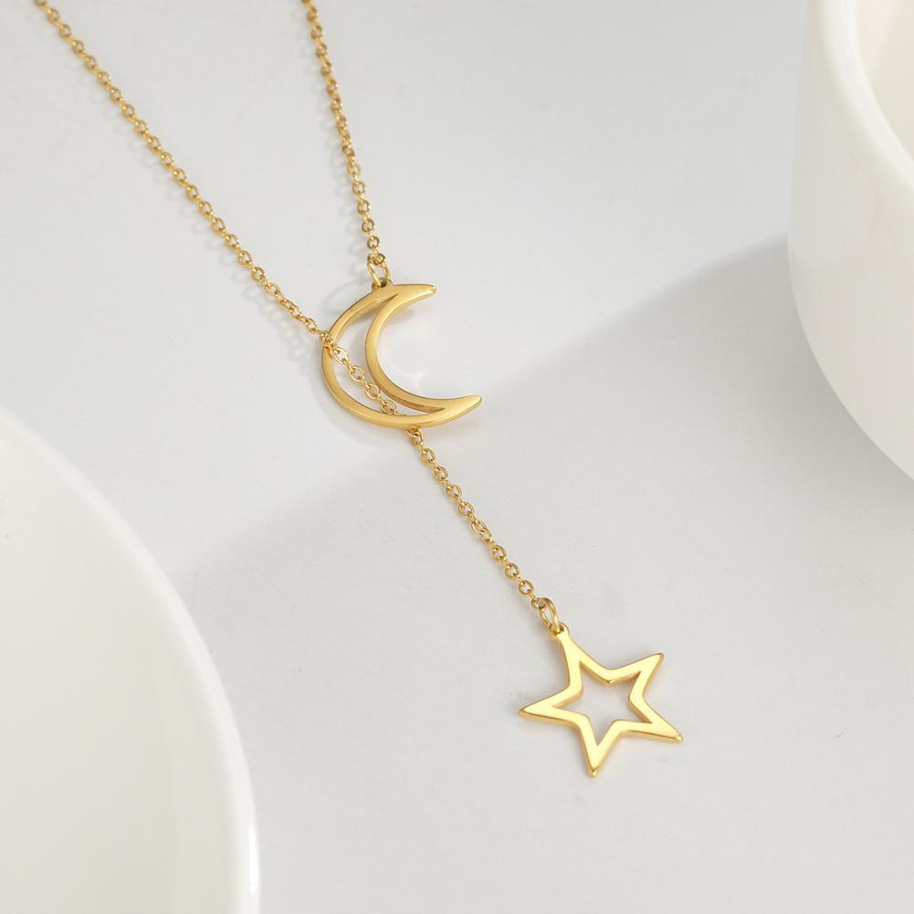 Unift Modischer Mond Stern Anhänger Halskette Einfache Edelstahl Stern Mond Schlüsselbein Kette Gold Farbe Halsketten für Frauen