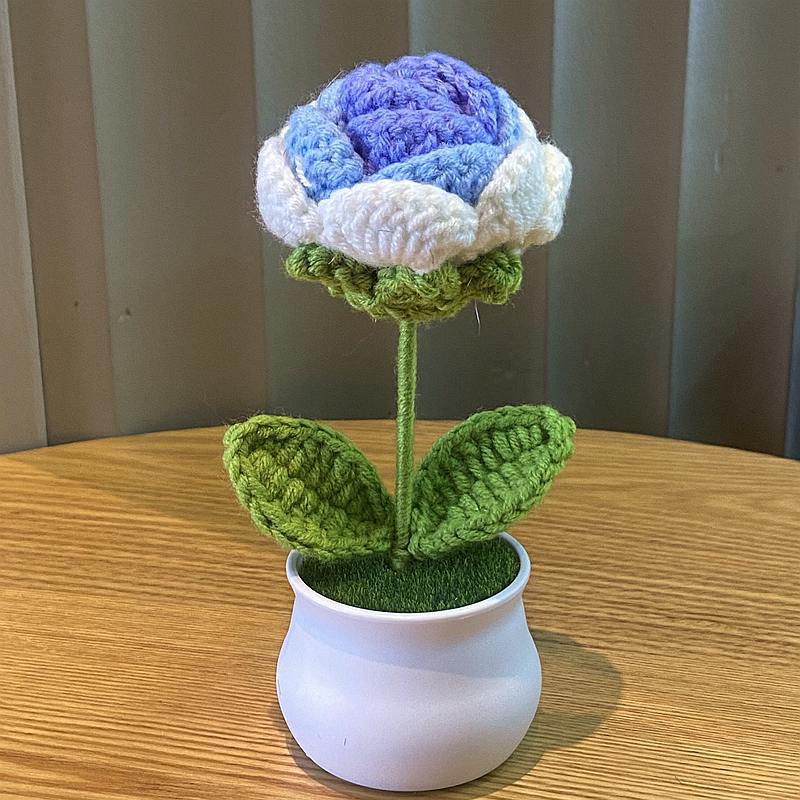 DIY Håndvevd Mini Potteblomst Rose Kontor Skrivebord Prydplanter Ulltråd Ferdig Produkt Hjemmedekorasjon