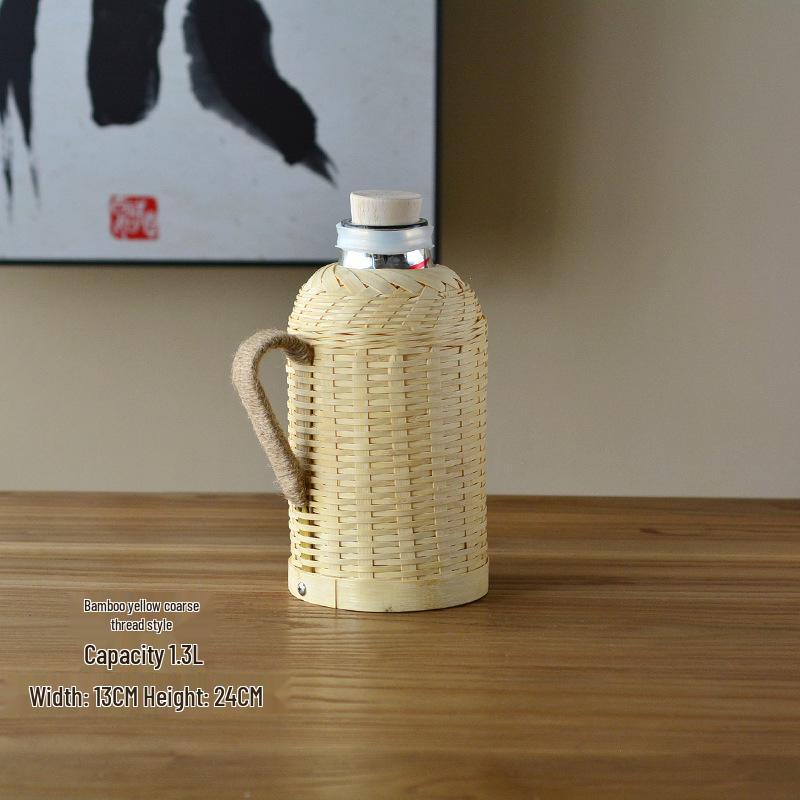 Bamboo Woven Insulated Thermos: Handmade, Large Capacity Hot Water Bottle 1.3L